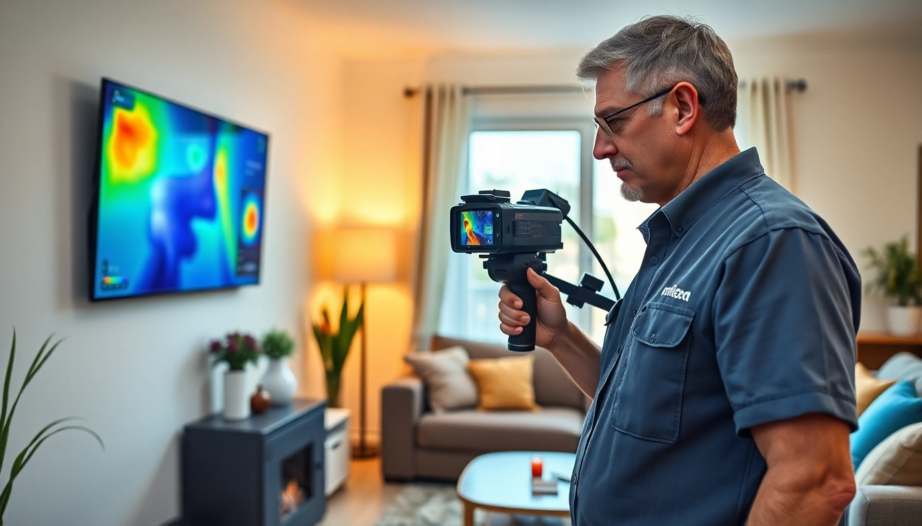 Water leak detection technician using advanced thermal imaging technology in a cozy home setting.