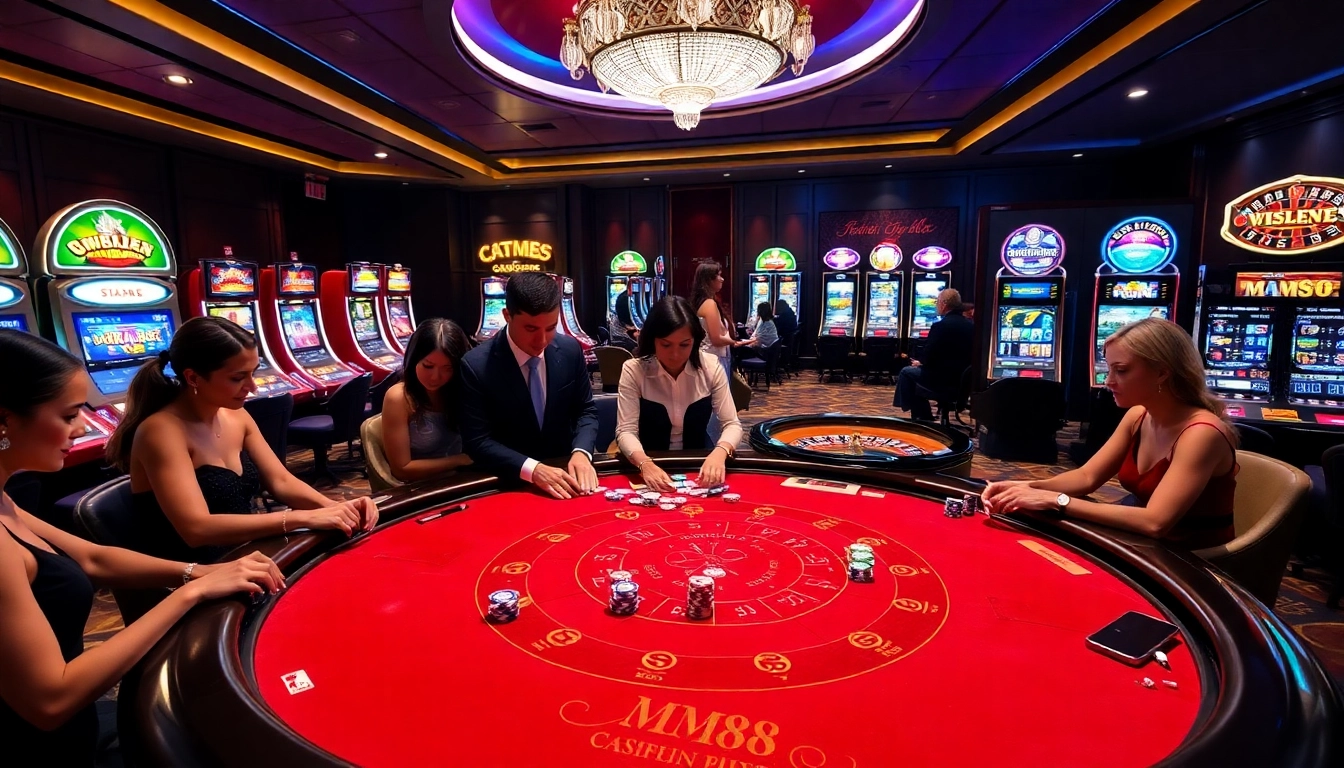 Exciting casino scene at MM88 with poker chips, blackjack table, and vibrant players.