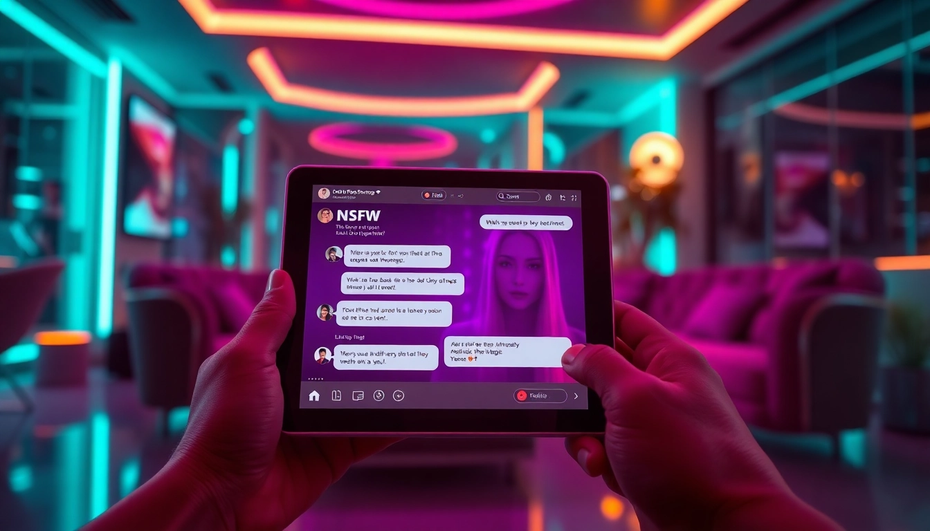An engaging NSFW AI chatbot interface on a digital tablet set in a stylish lounge ambiance.