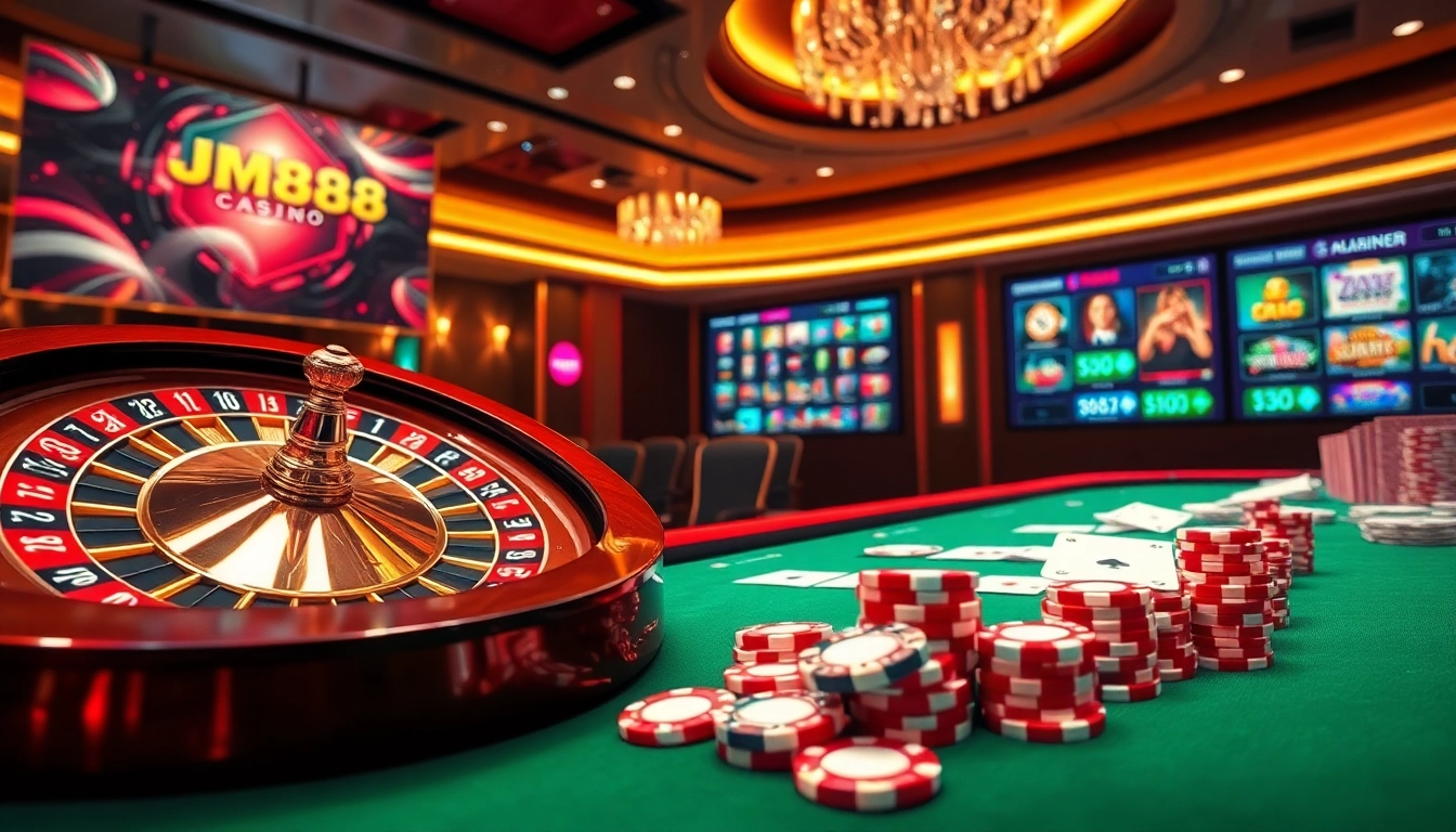 Experience the thrill of MM88 with vibrant casino tables showcasing roulette, poker chips, and slot games.