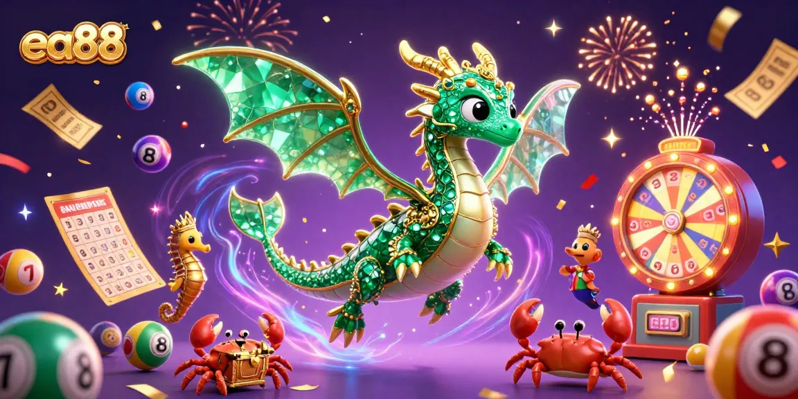 Experience winning thrills with ea88's vibrant dragon and treasure scene amid dynamic lottery elements.