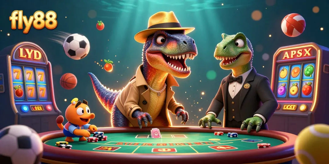 Experience thrilling gameplay at fly88 with a cartoon velociraptor card counter in an animated casino scene.