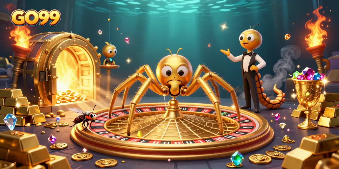Engage with GO99 in a thrilling casino scene featuring a spider and a croupier.