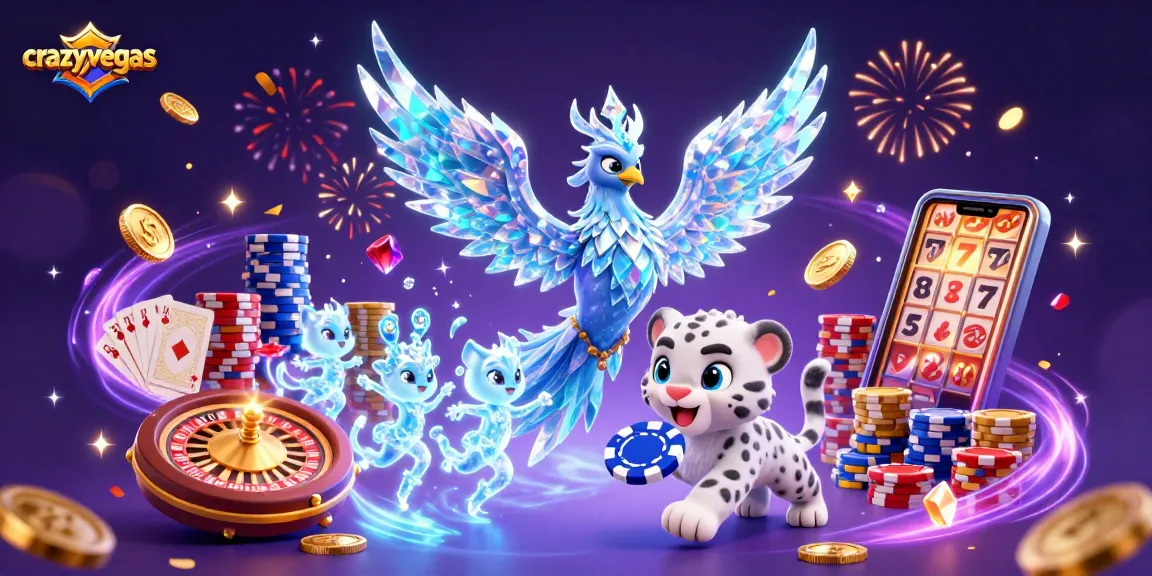 Experience excitement at crazyvegas with an ice phoenix and poker chip in a vibrant casino scene.